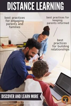 Family sitting at table doing schoolwork during distance learning